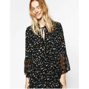 Zara Basic Collection Floral Print Mini Dress Long Sleeve Ruffle Black Blue M